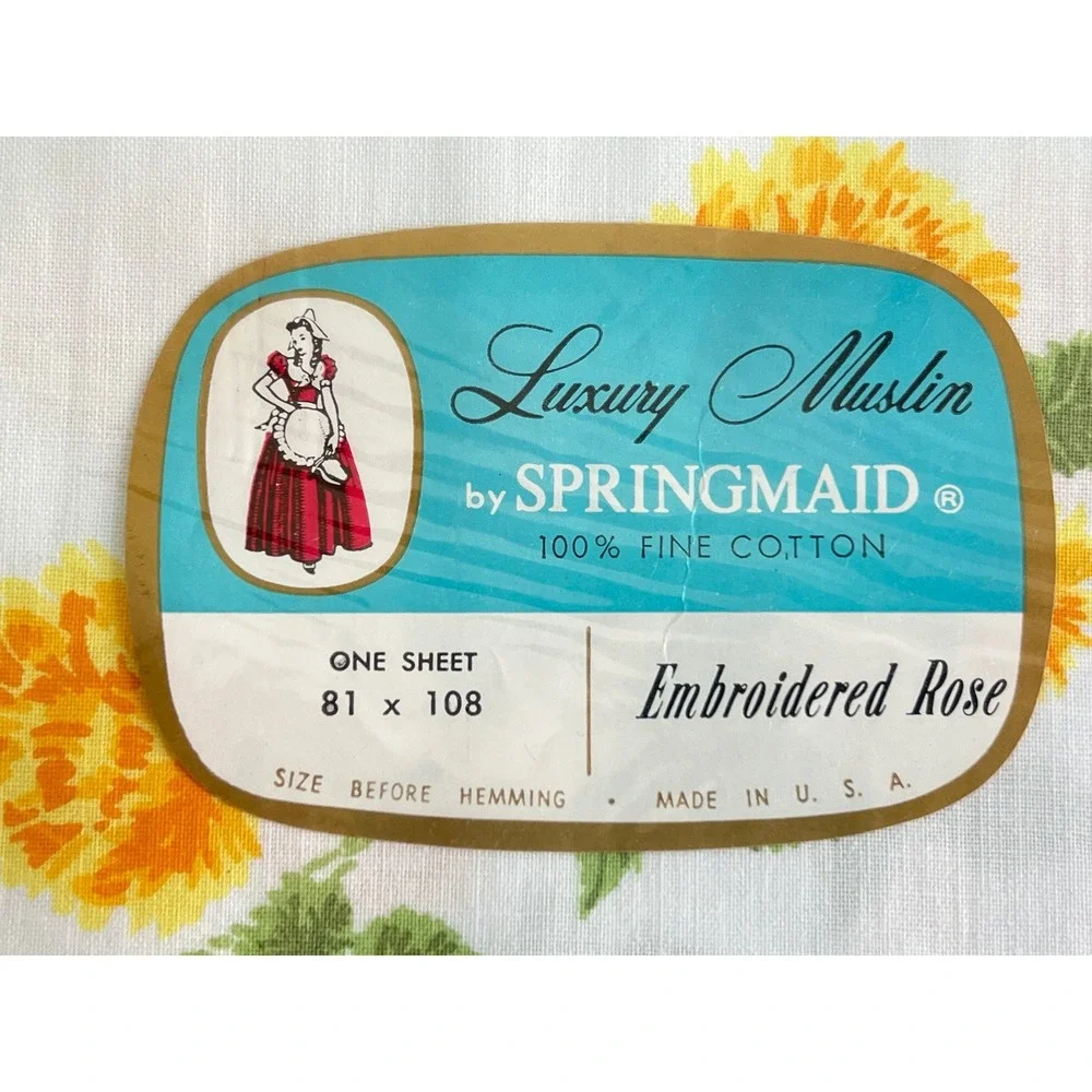 Springmaid Luxury Muslin Double Flat Sheet Embroidered Rose Yellow Floral Cotton
